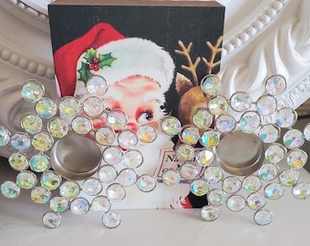 2 sparkly AB rhinestone candle holder rings, vintage style rhinestone holders, snowflakes
