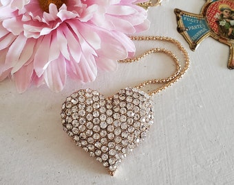 Rhinestone heart necklace, heart charm, 24" chain