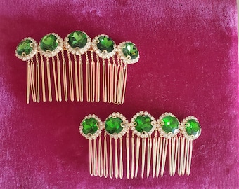 2 peinetas de diamantes de imitación verdes/transparentes, pasadores de diamantes de imitación, ¡Bling para el cabello!