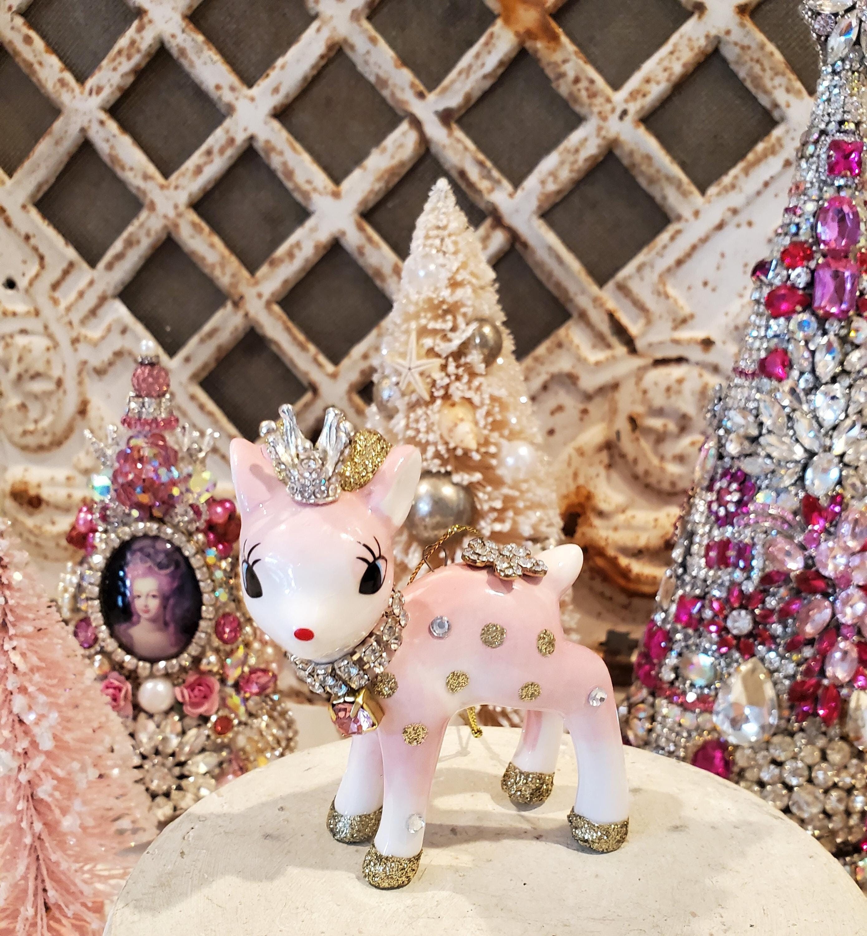 Ciondoli ricordo per bambina con scritta My First Christmas 2024, con sacchetto regalo rosa e biglietto regalo, renna e pupazzo di neve, Small, Metallo, Strass