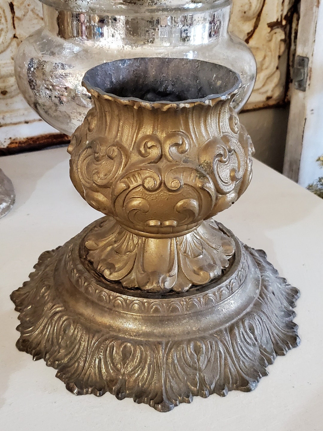 Fantastic Old Pot Metal Vase Metal Lamp Base Ornate Metal Etsy