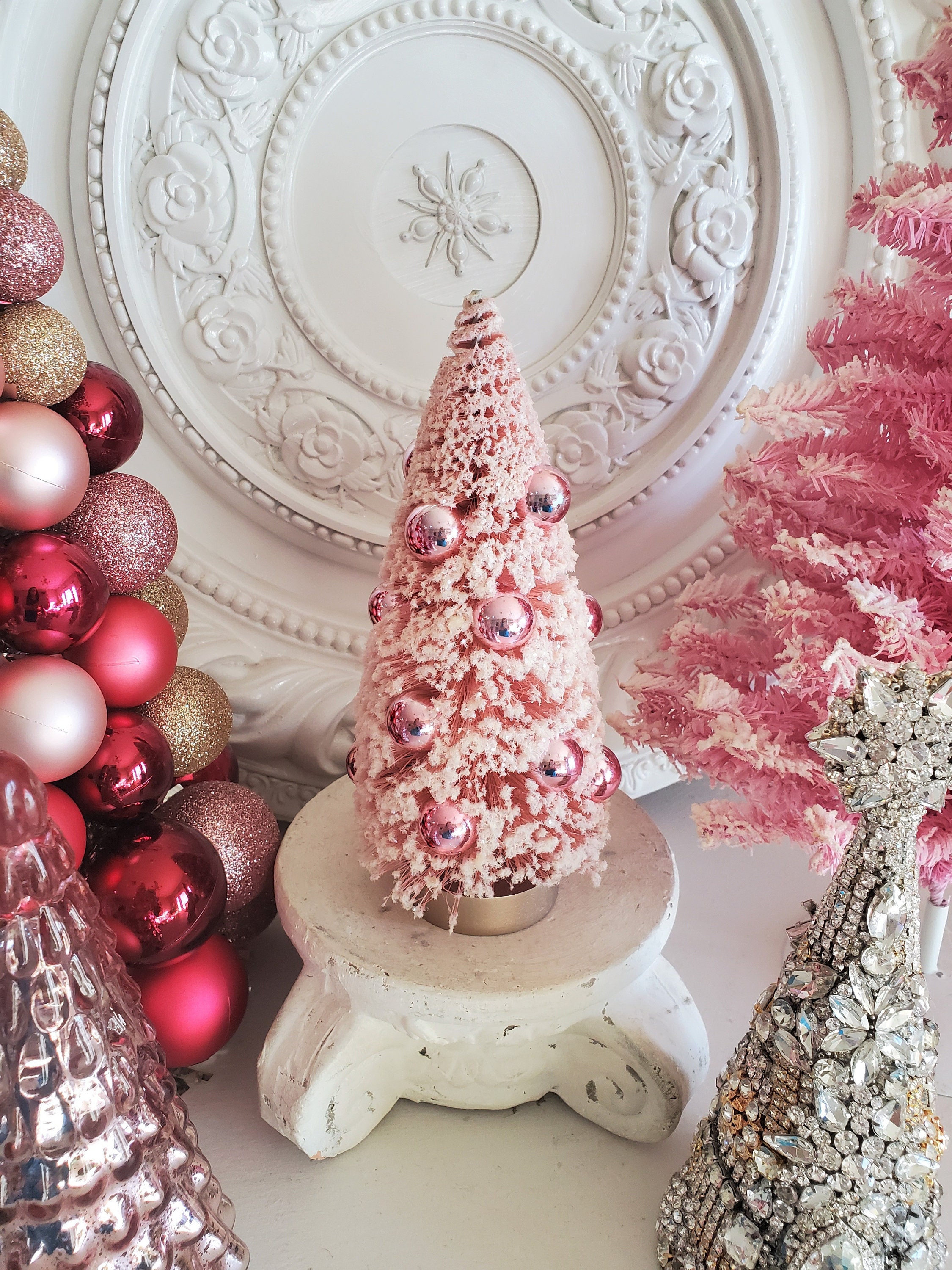 Lovely PINK Bottle Brush Tree With Ornaments Vintage Style Etsy