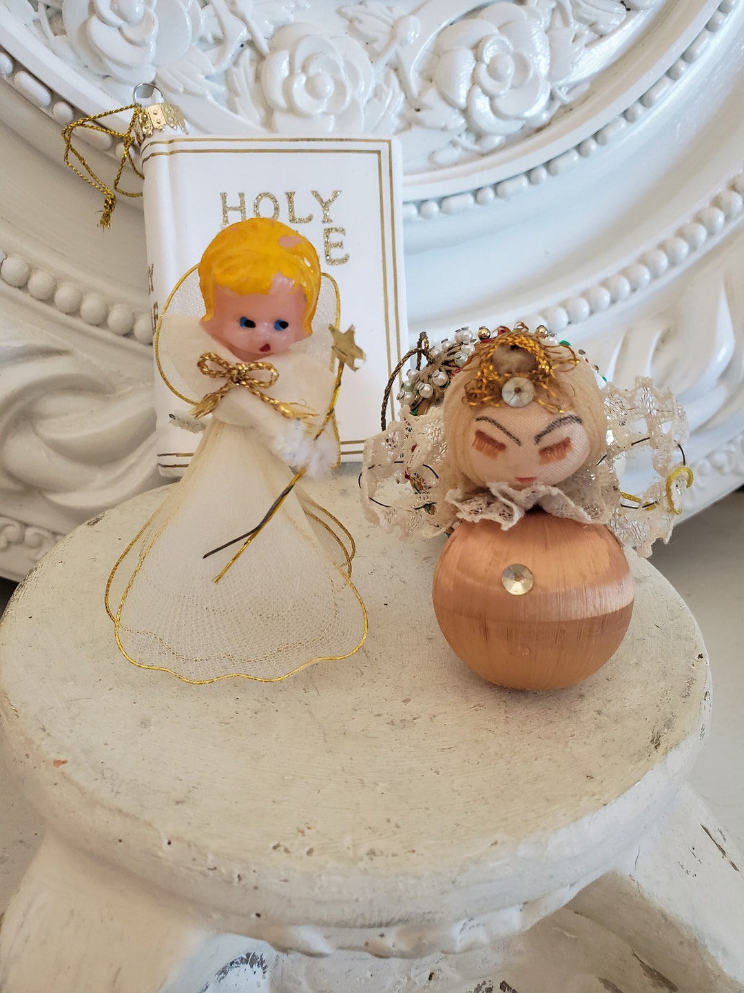 2 Pc Cotton Spun Angel Figures, Angel Ornament, Vintage Christmas Angel ...
