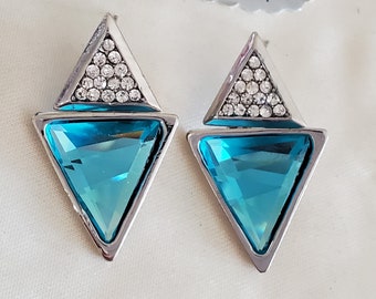 French blue rhinestone earrings, pierced earrings, vintage new old stock