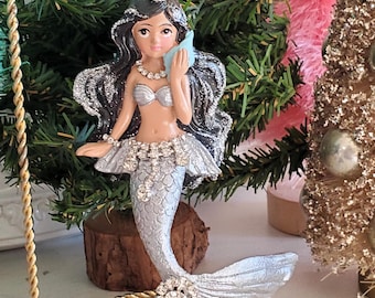 Rhinestone crown mermaid ornament, silver mermaid figure with rhinestones, upcycled ornament, Latino