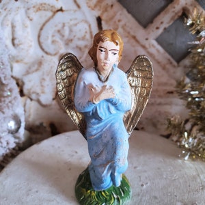 vintage Nativity Christmas angel figure, blue dress figurine