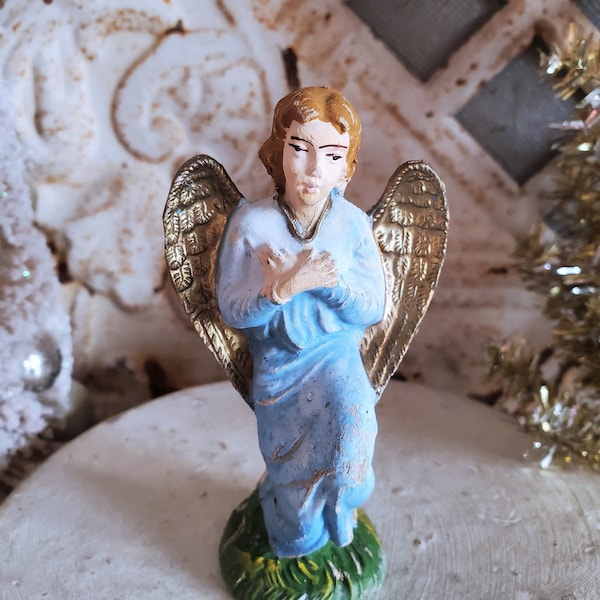 vintage Nativity Christmas angel figure, blue dress figurine