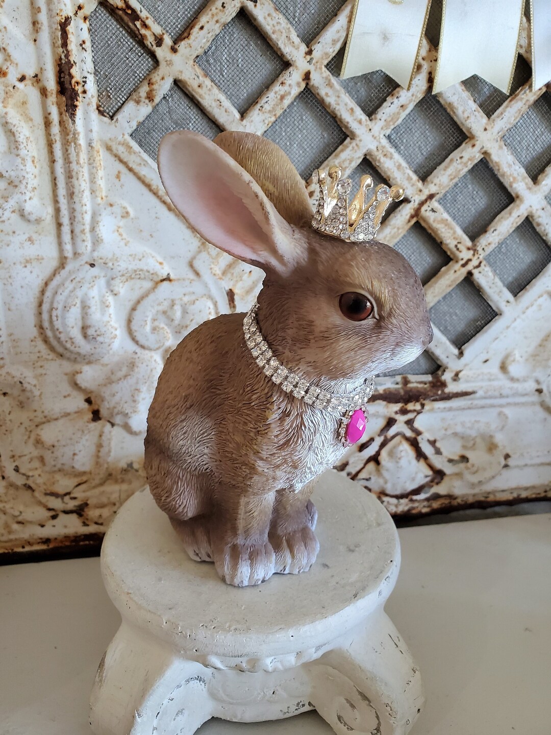 Sweet Easter Bunny Statue, Rhinestone Crown, Rhinestone Trim, Easter ...
