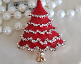 rhinestone pin Brooch Christmas tree, rhinestone Christmas crafts, red Christmas, red brooch