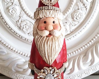 Red santa figure with Rhinestones, rhinestone brooch, vintage style Christmas, rhinestone trim, santa statue