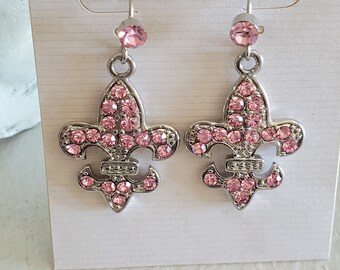 Fleur de lis Pink earrings, pink rhinestone, French earrings, pierced earrings