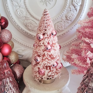 Lovely PINK bottle brush tree with ornaments, vintage style Christmas, pink Christmas, flocked tree