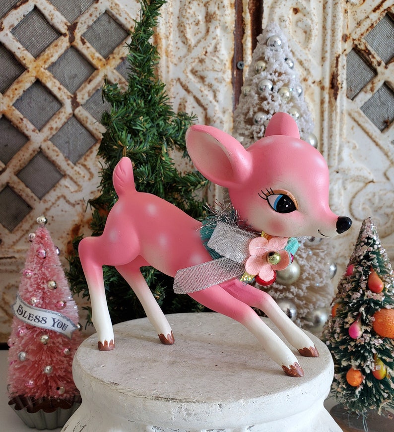 Vintage Style Pink Deer Figure Kitchsy Christmas Large Deer Etsy