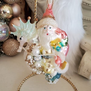 unusual Beaded rhinestone Santa on seahorse ornament, glass seahorse, glass santa, Pink shabby santa