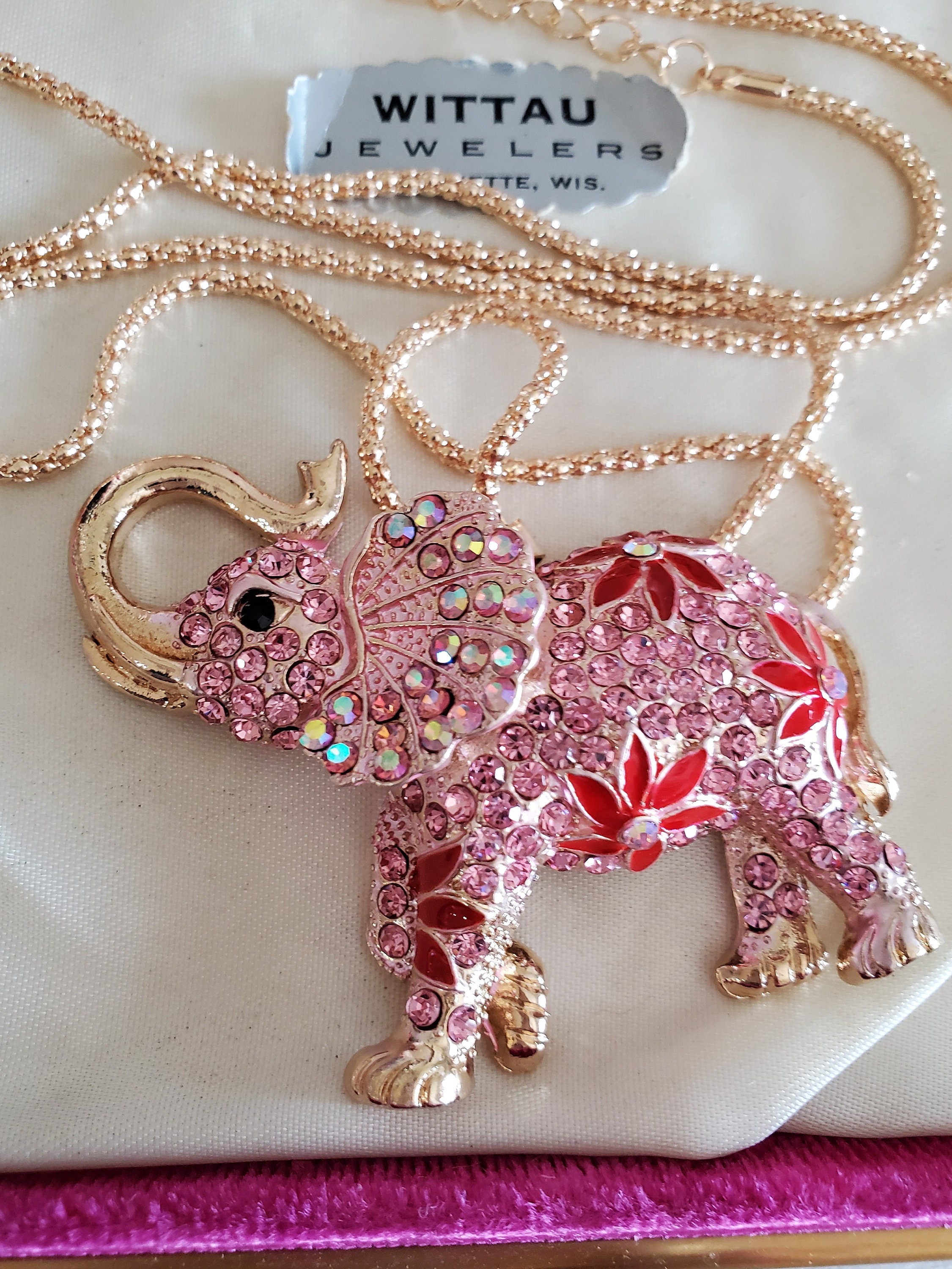 Pink Rhinestone Elephant Necklace Elephant Pendant Rhinestone Animal Rhinestone Pendant Etsy