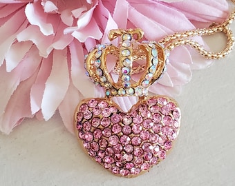 pink rhinestone heart / crown necklace, 24" chain, Pretty! Jewelry craft supply