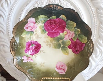 antique Prussia scalloped Pink roses bowl, hand painted bowl dish made in Germany, painted roses