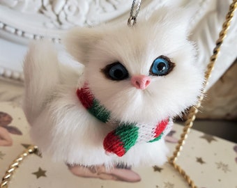 real faux fur kitten ornament, cat figure, cat ornament, fur ornament, white Christmas kitty