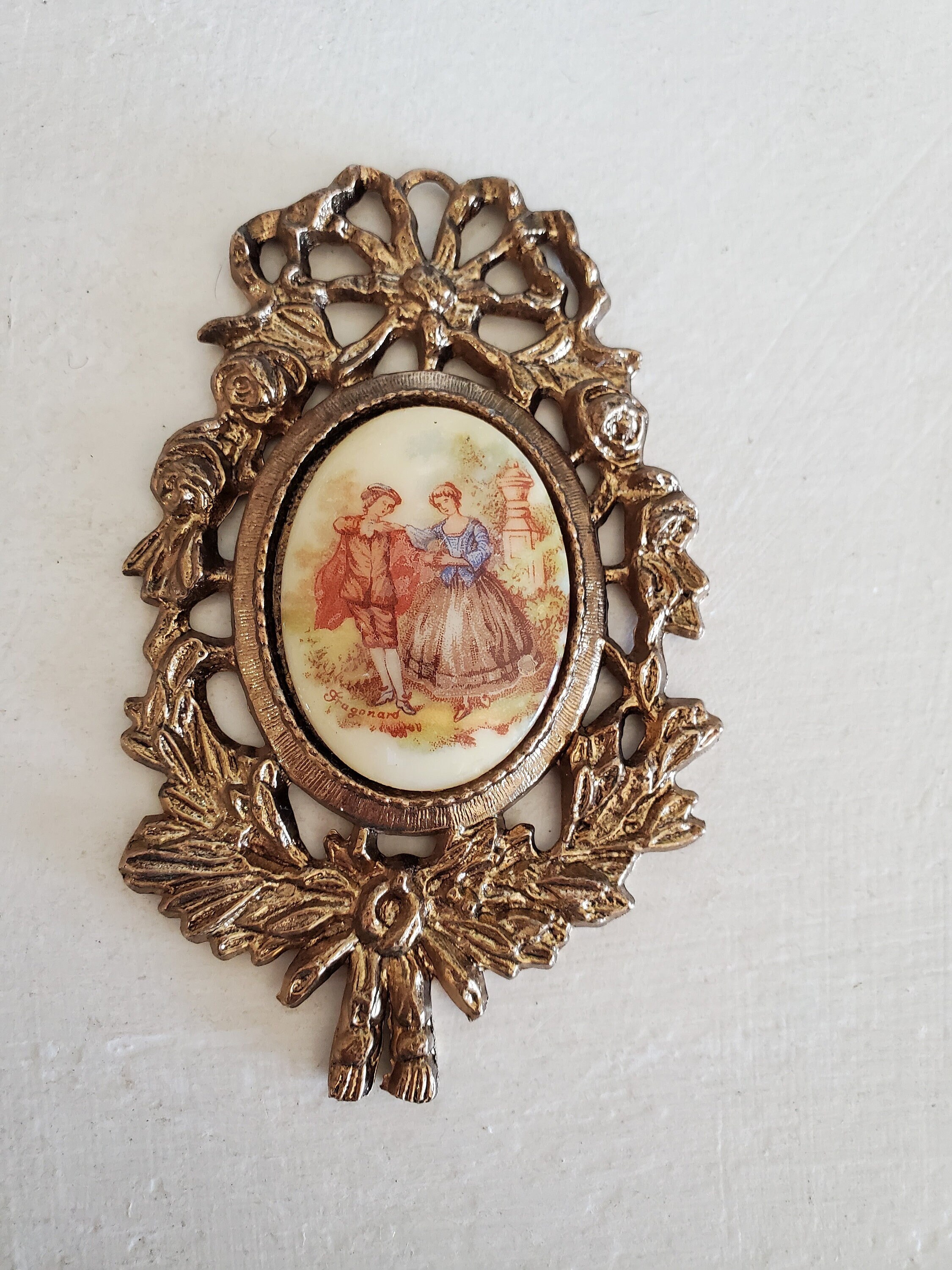 Vintage Solid Brass Bow and Flower Wall Plaque Picture Topper