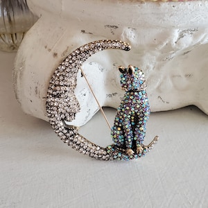 Cat and Moon rhinestone brooch, cat jumped over the moon, Ab rhinestone pin