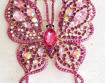 Fabulous Pink rhinestone butterfly brooch, pink butterfly pin, make a jewelry bouquet