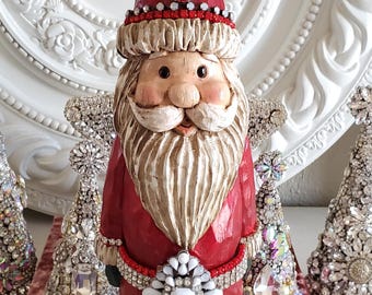 Red santa figure with Rhinestones, rhinestone brooch, vintage style Christmas, rhinestone trim, santa statue