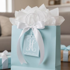 May include: A light blue gift bag with a white satin bow and a tag with the letter "H" and the text "THE HANER FAMILY". The bag is filled with white tissue paper and has a white handle.