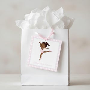May include: A white gift bag filled with white tissue paper. A pink gingham tag with a cartoon ballerina in a pink leotard and ballet shoes is attached with a pink ribbon. The tag has the text "Kailyn Rose Robinson".