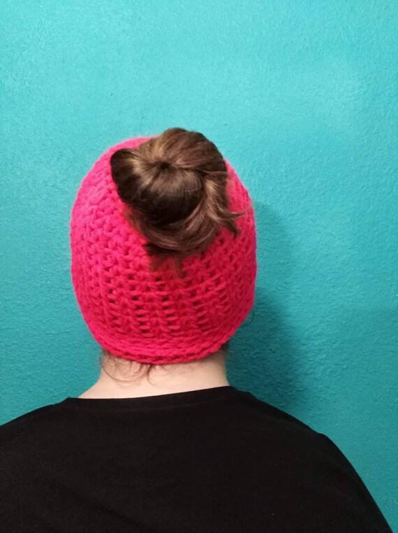 Adult Size Hot Pink Messy Bun Beanie Etsy