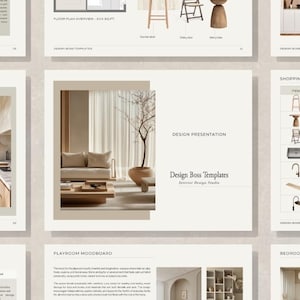 Puede incluir: Una presentación de diseño con nueve páginas, que muestra una paleta de colores neutros. Las páginas incluyen conceptos de diseño, mood boards y una lista de compras. El texto "Design Box Templates" es visible en una página.