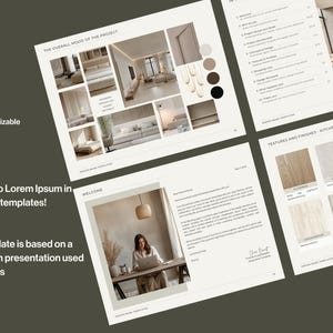 May include: A presentation template with 26 pages, formatted for US Letter. The template is editable with Canva and fully customizable with colors, fonts, text, and images. The pages showcase interior design concepts and include the text "THE OVERALL MOOD OF THE PROJECT" and "WELCOME".
