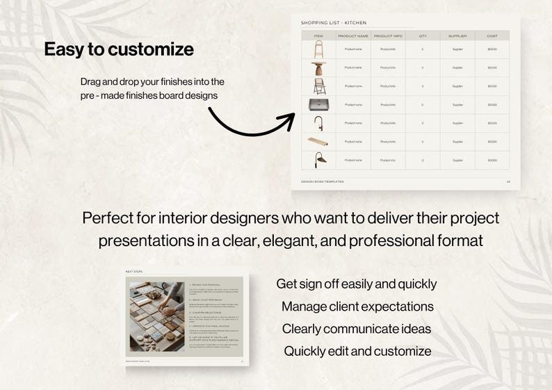 May include: A digital presentation template for interior designers. The image shows a shopping list for kitchen items, with text that reads "Easy to customize" and "Perfect for interior designers". The template allows for easy customization.