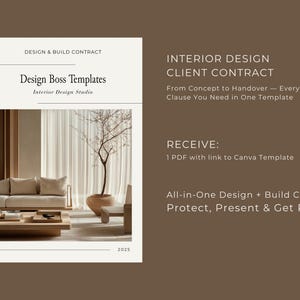 May include: A design and build contract template with the text "Design Boss Templates" and "Interior Design Studio." The image includes a modern interior design scene with a sofa, coffee table, and a tree in a pot. Text on the right side reads "Interior Design Client Contract."