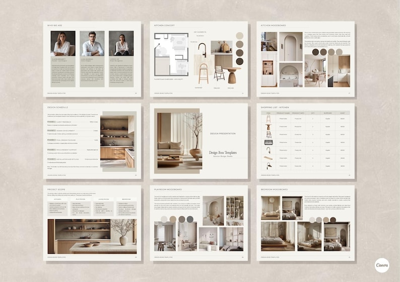 May include: A design presentation featuring nine layout pages with a neutral color palette. The pages include design concepts, mood boards, and a shopping list. The text "Design Box Templates" is visible on one page.