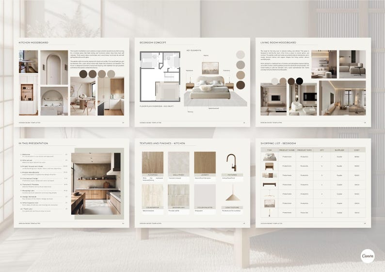May include: A collection of interior design mood boards, showcasing kitchen, bedroom, and living room concepts. The boards feature color palettes, textures, and furniture ideas. The image includes a shopping list and architectural plans.