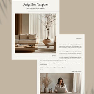 May include: A beige and white document titled "Service & Fee Proposal" with the text "Design Boss Templates" and "Interior Design Studio." The document includes images of interior design and a person working on a laptop.