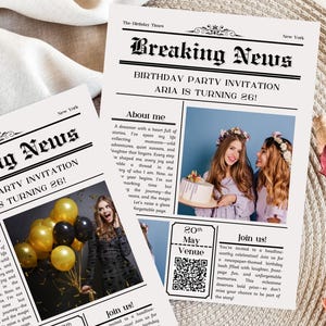 Vintage Birthday Newspaper Invitation Template (Canva Editable, PDF)