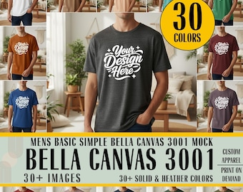 Può includere: Un'immagine mockup che mostra una varietà di magliette Bella Canvas 3001 in più di 30 colori. Le magliette sono esposte su modelli, con la scritta "Your Design Here" stampata sul davanti. L'immagine evidenzia anche "30+ immagini" e "Stampa di abbigliamento personalizzato su richiesta".