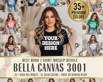 Lot de maquettes de t-shirt Bella Canvas 3001, style bohème, plus de 35 couleurs (téléchargement numérique)