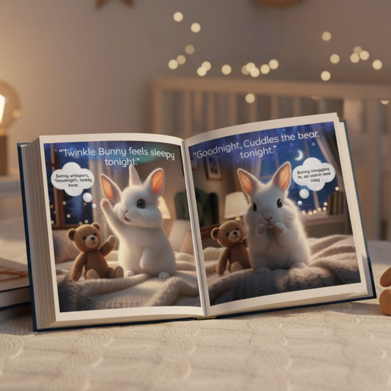 Peut inclure: Un livre pour enfants ouvert sur deux pages avec des illustrations d'un lapin blanc et d'un ours en peluche. Le texte sur les pages se lit "Twinkle Bunny feels sleepy tonight" et "Goodnight, Cuddles the bear, tonight."