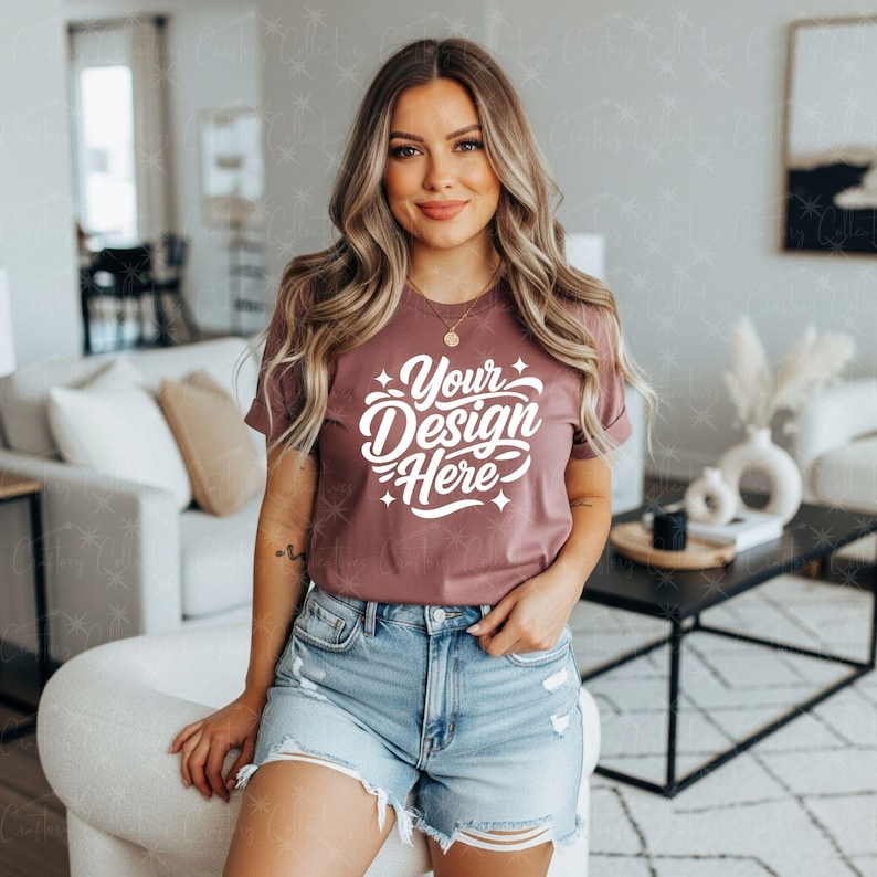 May include: A mauve-colored t-shirt with the text "Your Design Here" in white script. The model is wearing denim shorts and a gold necklace. The t-shirt has rolled-up sleeves.