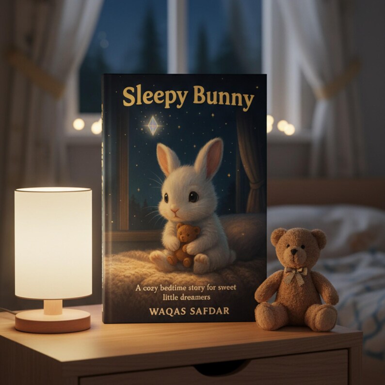 Peut inclure: Un livre pour enfants intitul&eacute; "Sleepy Bunny" avec un lapin blanc tenant un ours en peluche. Le livre est pos&eacute; sur une table de chevet &agrave; c&ocirc;t&eacute; d'une petite lampe et d'un ours en peluche. La couverture indique "Sleepy Bunny" et "A cozy bedtime story for sweet little dreamers".