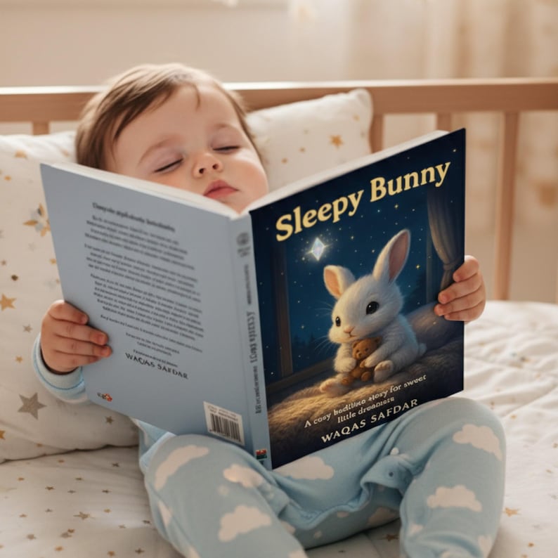 Peut inclure: Un enfant en pyjama bleu dort en tenant un livre ouvert intitul&eacute; "Sleepy Bunny". La couverture du livre pr&eacute;sente un lapin blanc tenant un ours en peluche, avec le texte "A cosy bedtime story for sweet little dreamers."