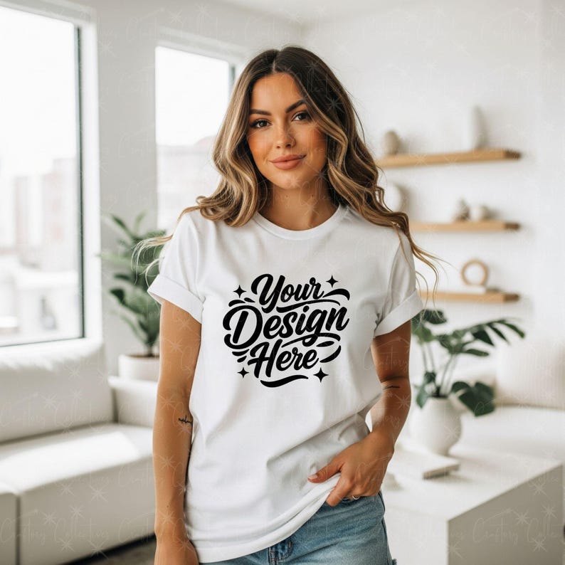 May include: White t-shirt with rolled sleeves featuring the text "Your Design Here" in a black, stylized script. The design is surrounded by decorative elements. The shirt is a classic crew neck style.