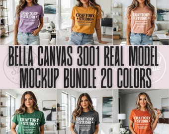 May include: A mockup bundle featuring six women wearing different colored t-shirts. The shirts display the text "CRAFTORY STUDIO" in white. The image also includes the text "BELLA CANVAS 3001 REAL MODEL MOCKUP BUNDLE 20 COLORS".