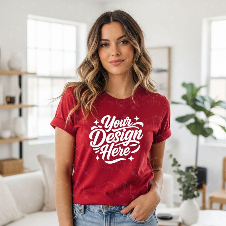 May include: A red t-shirt with rolled sleeves featuring the text "Your Design Here" in a white, stylized font. The shirt is made of a soft material and is suitable for custom designs. The model is wearing blue jeans.