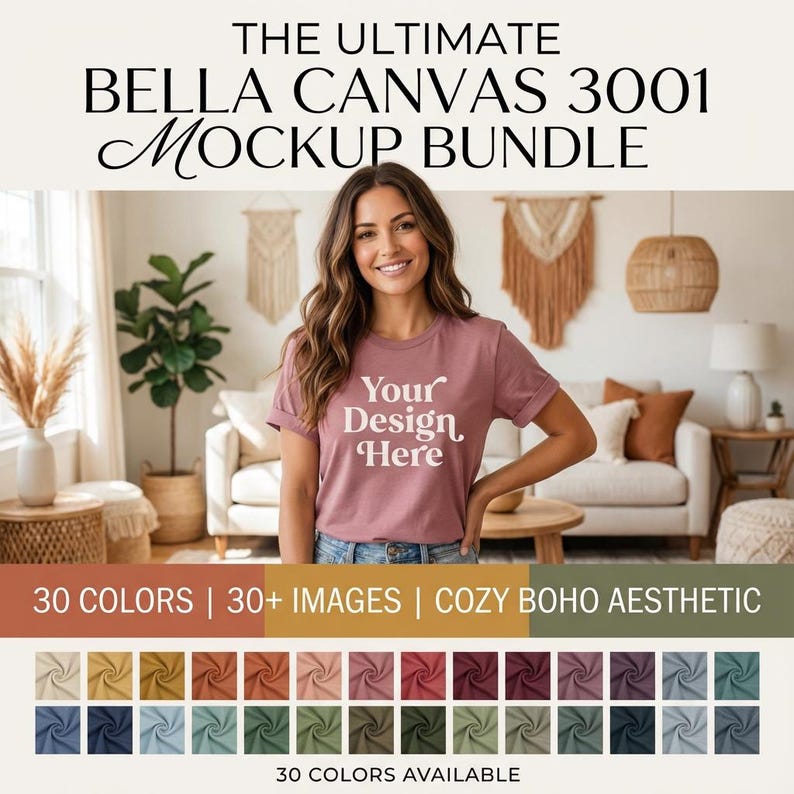 Bella Canvas 3001 Mockup Bundle 30 Colors, Realistic T Shirt Mockups for Etsy Sellers, Trendy Lifestyle BC3001 Shirt Images image 1