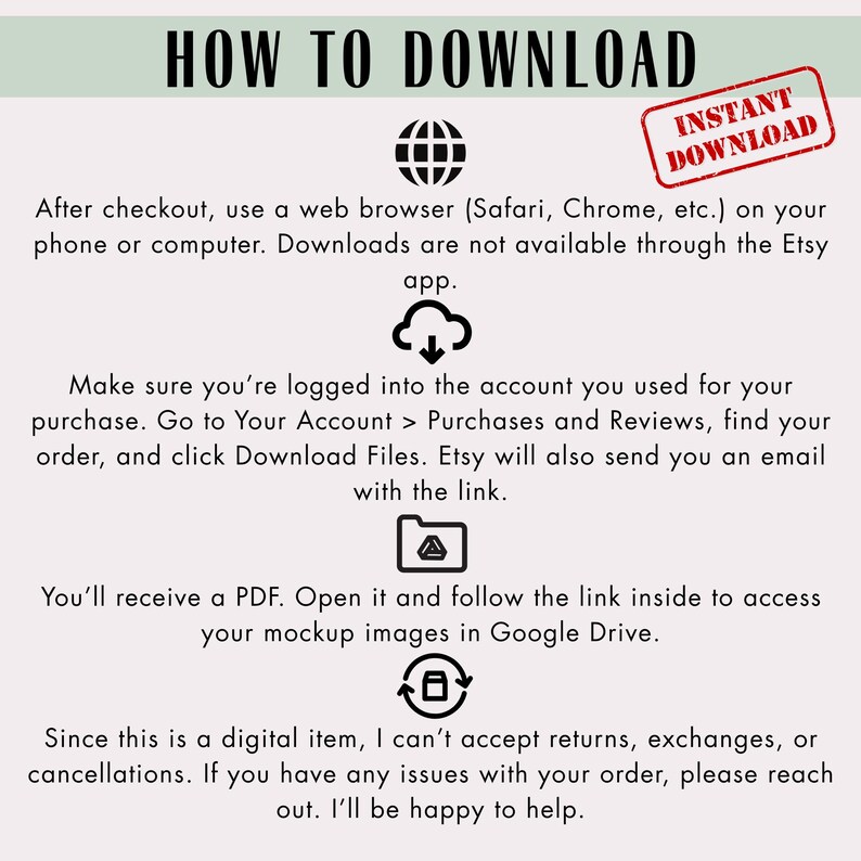 May include: A white graphic with the text "HOW TO DOWNLOAD" and instructions for downloading digital items. Includes icons for a globe, cloud, document, and refresh symbol. A red stamp reads "INSTANT DOWNLOAD".