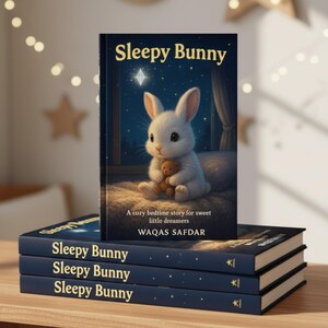 Peut inclure: Trois livres empil&eacute;s. Le livre du dessus pr&eacute;sente un lapin blanc tenant un ours en peluche, avec le titre "Sleepy Bunny". Le texte indique "A cozy bedtime story for sweet little dreamers" et le nom de l'auteur.