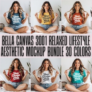 30+ Colors Bella Canvas 3001 Mockup Bundle, 3001 Tshirts Bundle, Retro Vintage Lifestyle T-Shirt Mockup, Best Boho T-Shirt Mockup Bundle